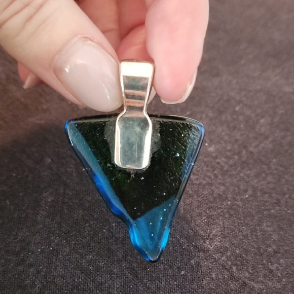 Handcrafted Blue and Gold Stained Glass Triangle Pendant - Picture 3 of 8